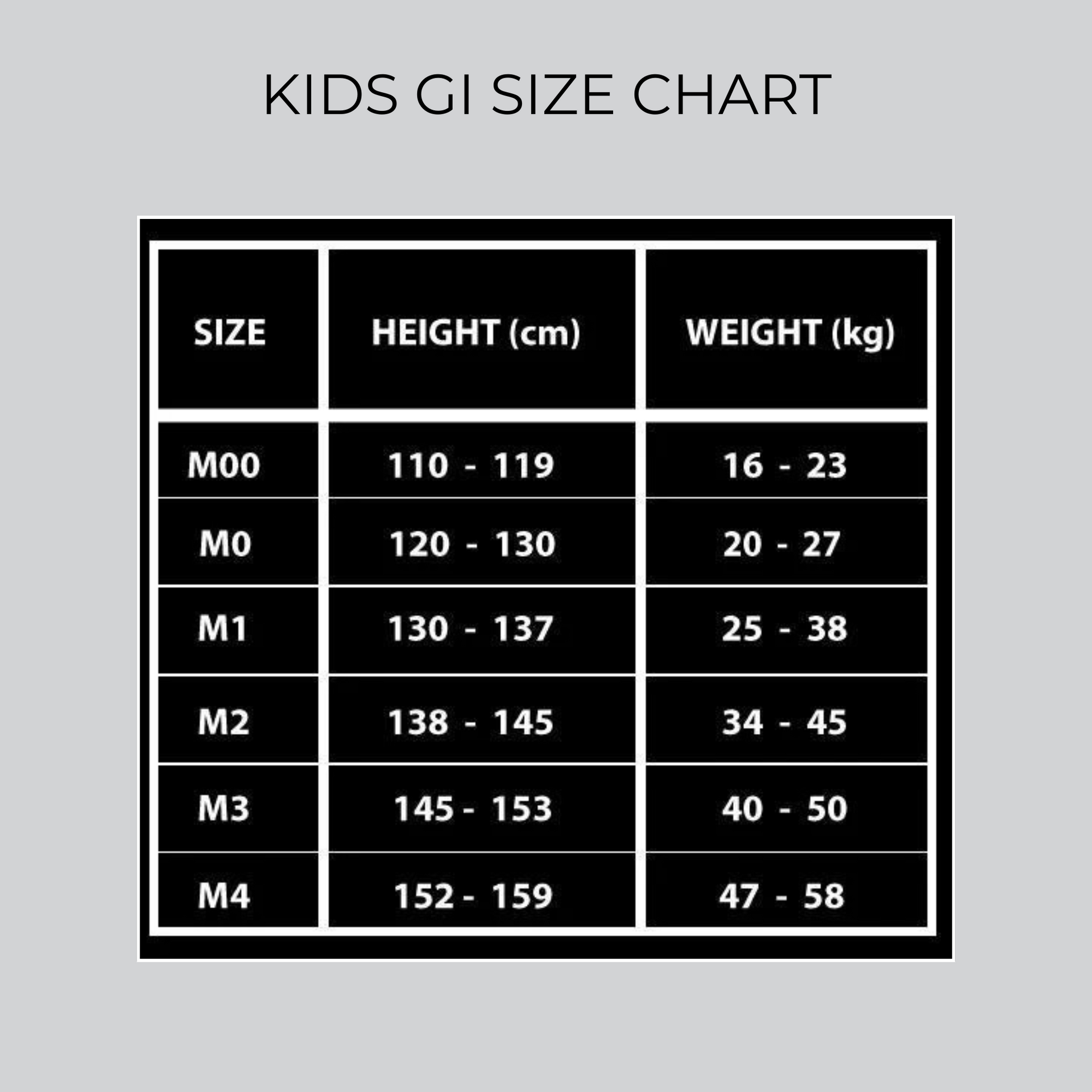 Ultimate Kids BJJ Gi size chart