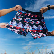 Stretch test of VHTS Trippy Tiger Series 2025 Combat Shorts Iconoclast, back design highlighting durability