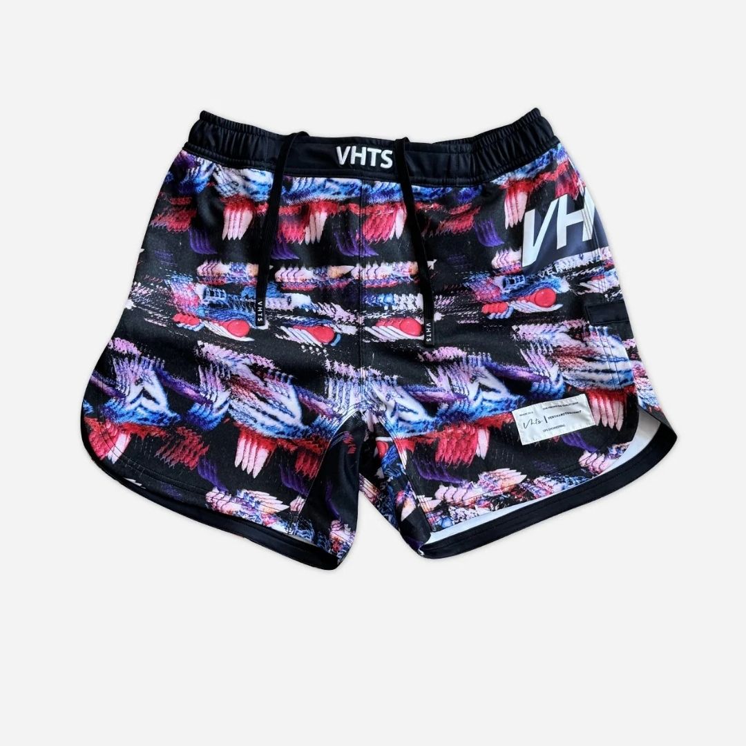 Front view of VHTS Trippy Tiger Series 2025 Combat Shorts Iconoclast, psychedelic design by Voja