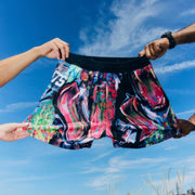 Stretch test of VHTS Trippy Tiger Series 2025 Combat Shorts Lucid, back design highlighting durability
