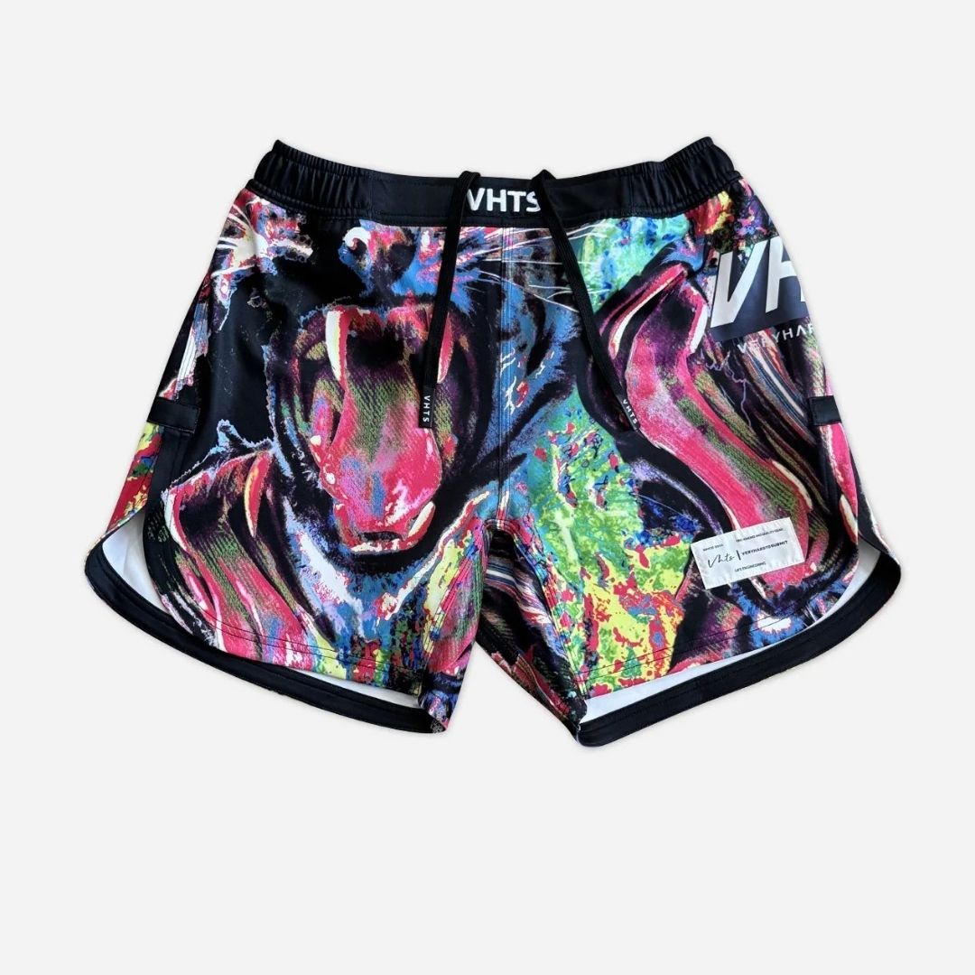 Front view of VHTS Trippy Tiger Series 2025 Combat Shorts Lucid, psychedelic design by Voja