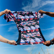 Stretch test of VHTS Trippy Tiger Series 2025 Rash Guard Iconoclast, front design showcasing flexibility