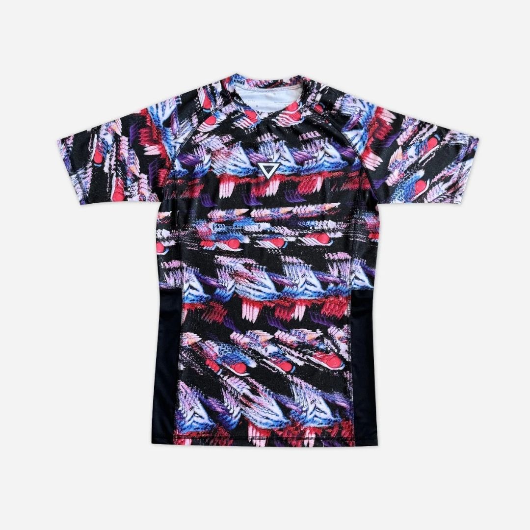 Front view of VHTS Trippy Tiger Series 2025 Rash Guard Iconoclast, psychedelic design by Voja