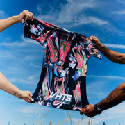 Stretch test of VHTS Trippy Tiger Series 2025 Rash Guard Lucid, back design highlighting durability