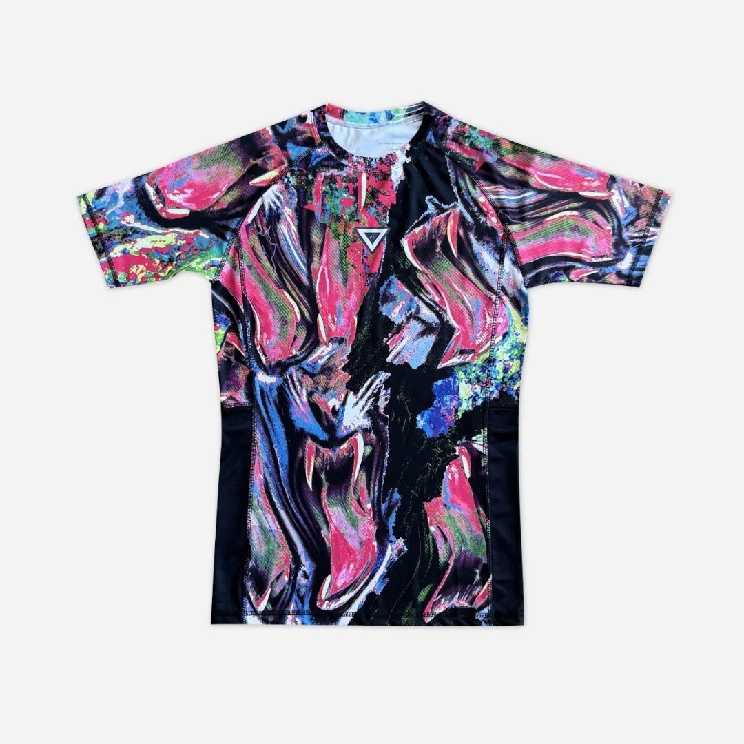 Front view of VHTS Trippy Tiger Series 2025 Rash Guard Lucid, psychedelic design by Voja