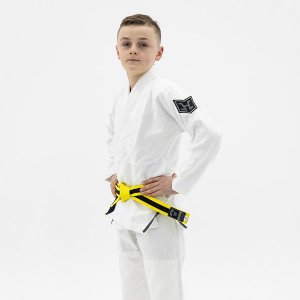 Hooks Kids Prolight II BJJ Gi - White w/ Black & Gun Metal includes White Belt - Just Jits