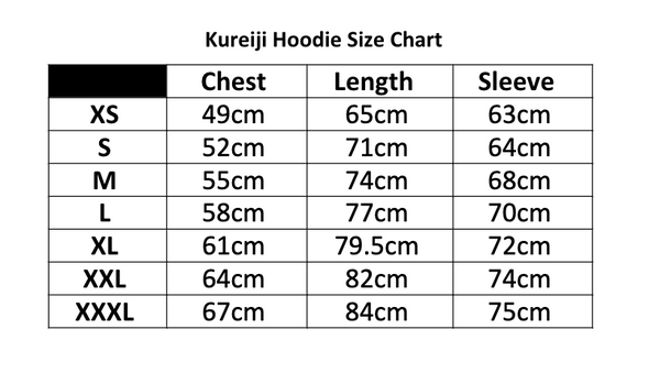 Kureiji Hoodie Jumper Size Chart 